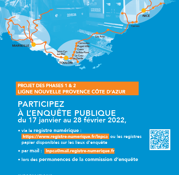 Lancement de l’enquête publique portant sur le projet des phases 1 & 2 de la Ligne Nouvelle Provence Côte d’Azur