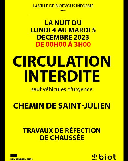 Chemin Saint-Julien: Circulation interdite dans la nuit du lundi 4 au mardi 5 décembre 2023